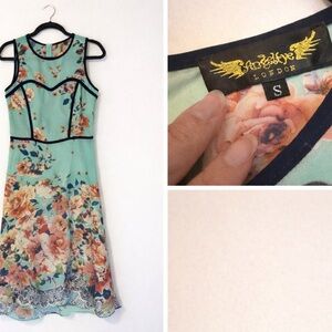 Angel Eyes London Mint Floral Midi Dress with black  Trim - S